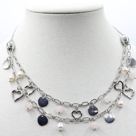 Vantel Silver Chain Pearl Quartz Daydreams Double Strand Charm Necklace - Picture 1 of 7